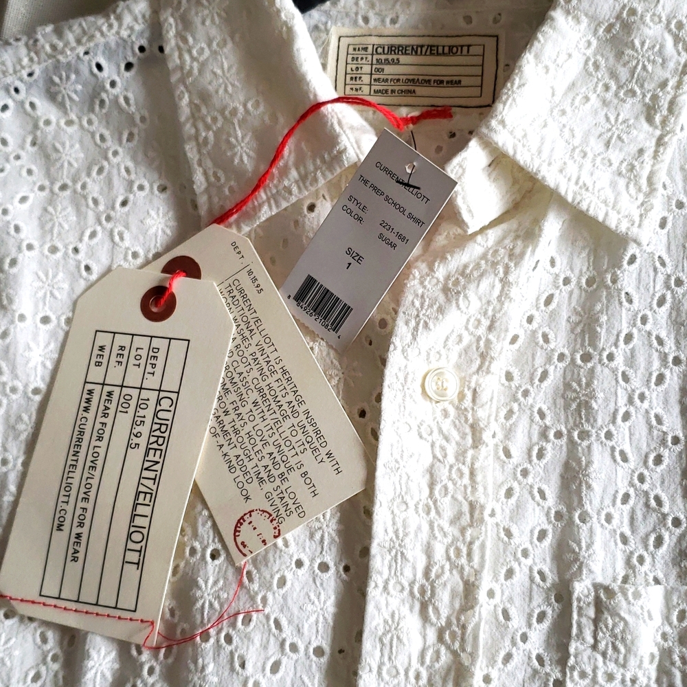 Current/Elliott NEW SHIRT Button Down Top Eyelet Cotton Long Sleeve Women's S/M - Picture 6 of 16